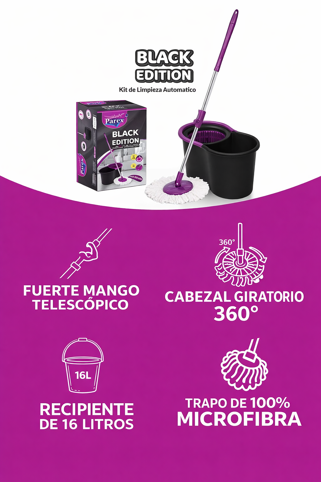 TRAPEADOR DE LIMPIEZA AUTOMÁTICA PAREX BLACK EDITION