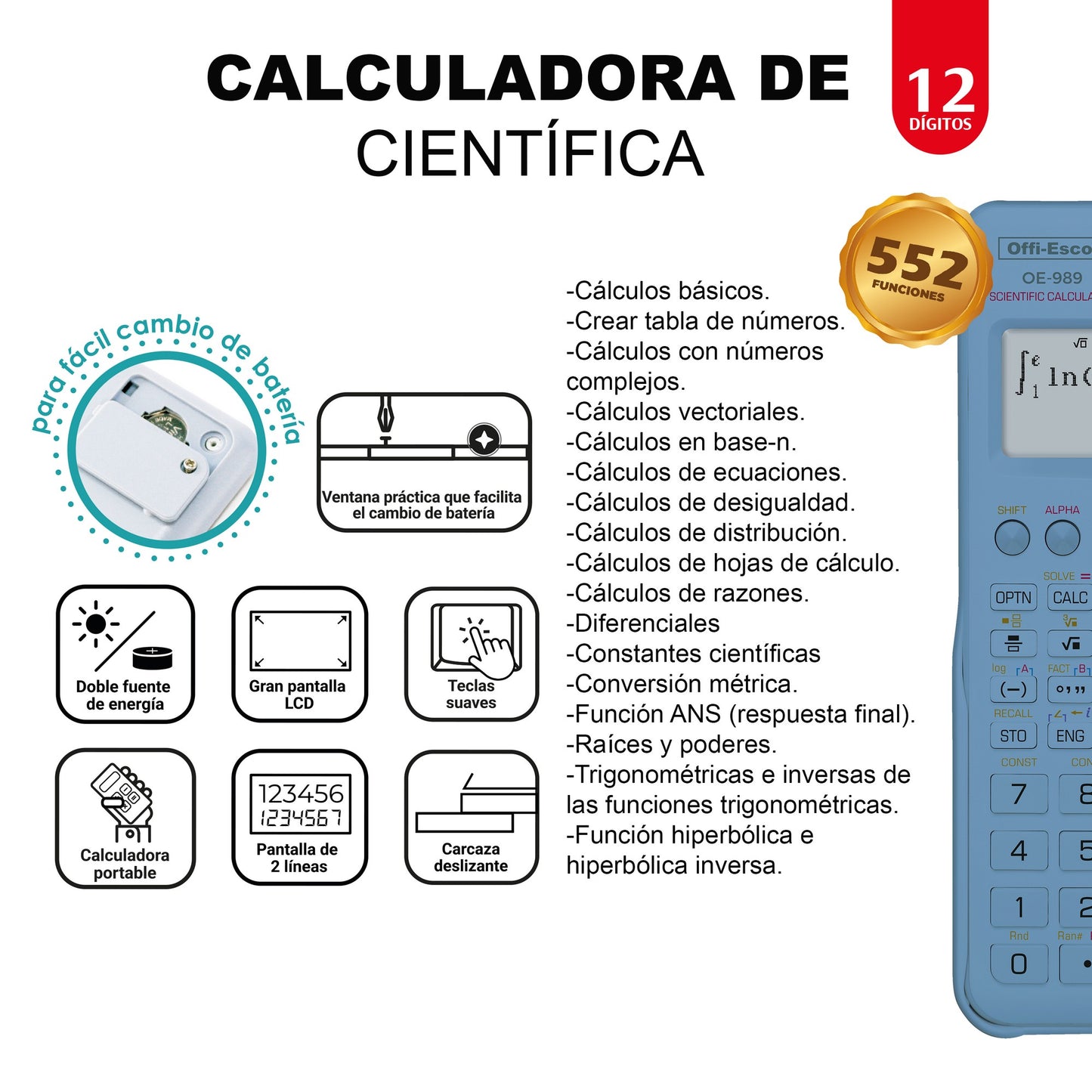 Calculadora científica 12 dígitos – 552 funciones OE-989 OFFIESCO