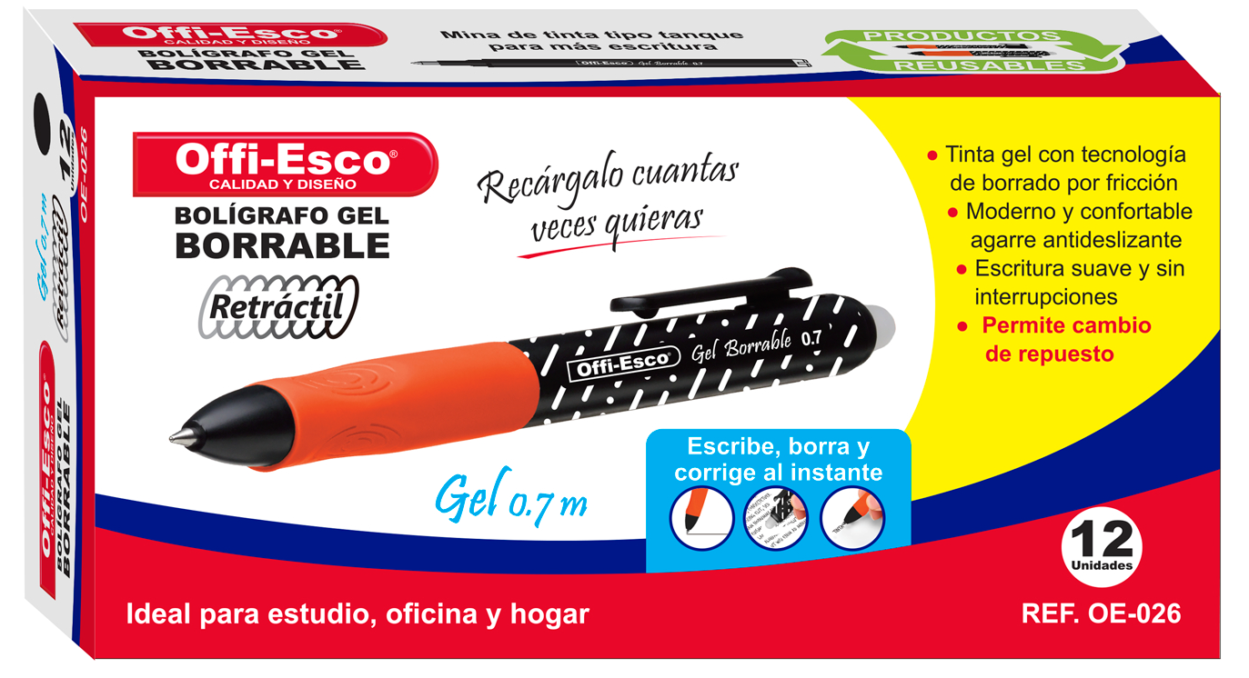Bolígrafo gel borrable retráctil 0.7 m OE-026 NEGRO
