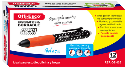 Bolígrafo gel borrable retráctil 0.7 m OE-026 NEGRO