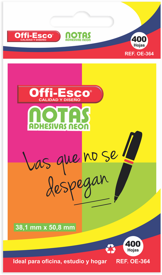 Notas adhesivas neón x4 38x50mm PQ x 400 hojas OE-364