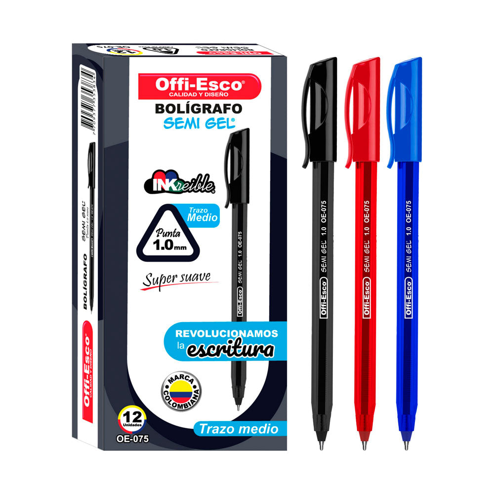 Bolígrafo Negro semi gel 1.0 m trazo medio super suave docena