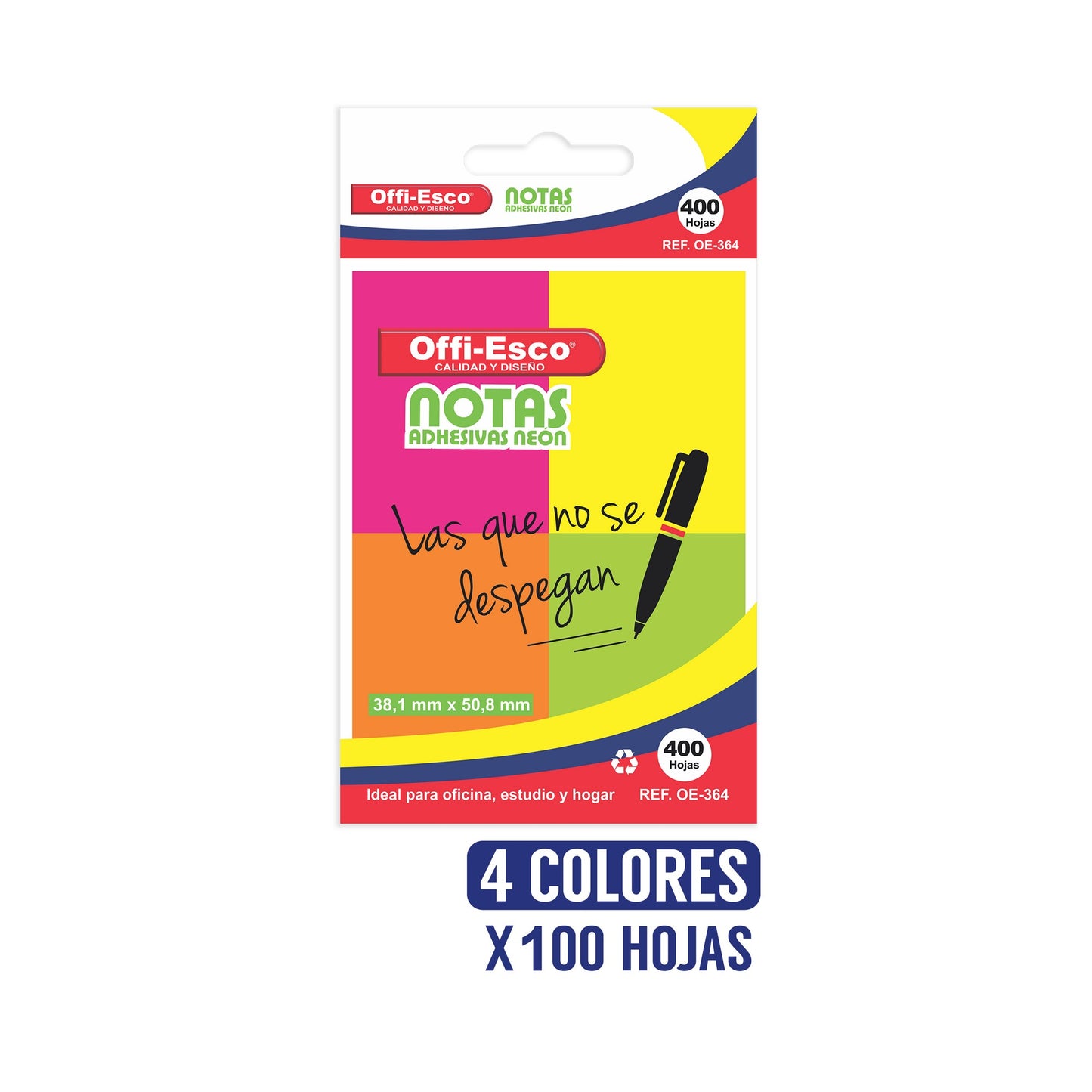 Notas adhesivas neón x4 38x50mm PQ x 400 hojas OE-364