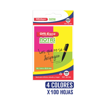 Notas adhesivas neón x4 38x50mm PQ x 400 hojas OE-364