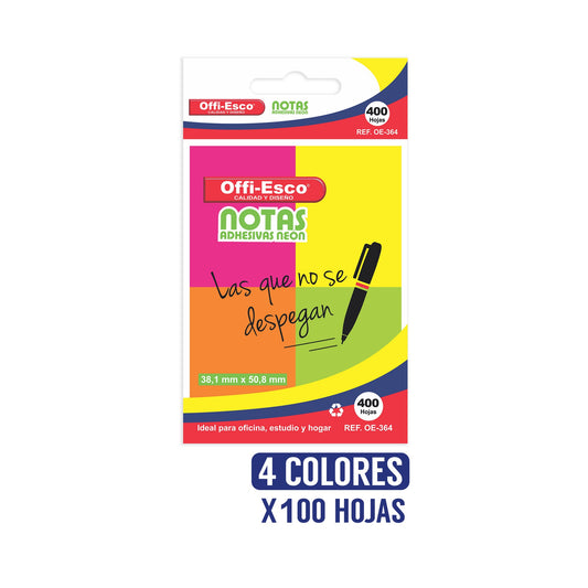 Notas adhesivas neón x4 38x50mm PQ x 400 hojas OE-364